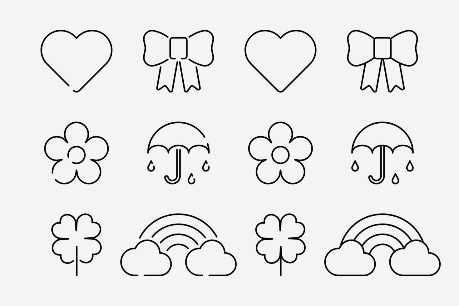 Decoration icon set. Basic flat design. Heart, flower, clover, luck, bow, ribbon, umbrella, rain, rainbow, cloud sign symbol. vector