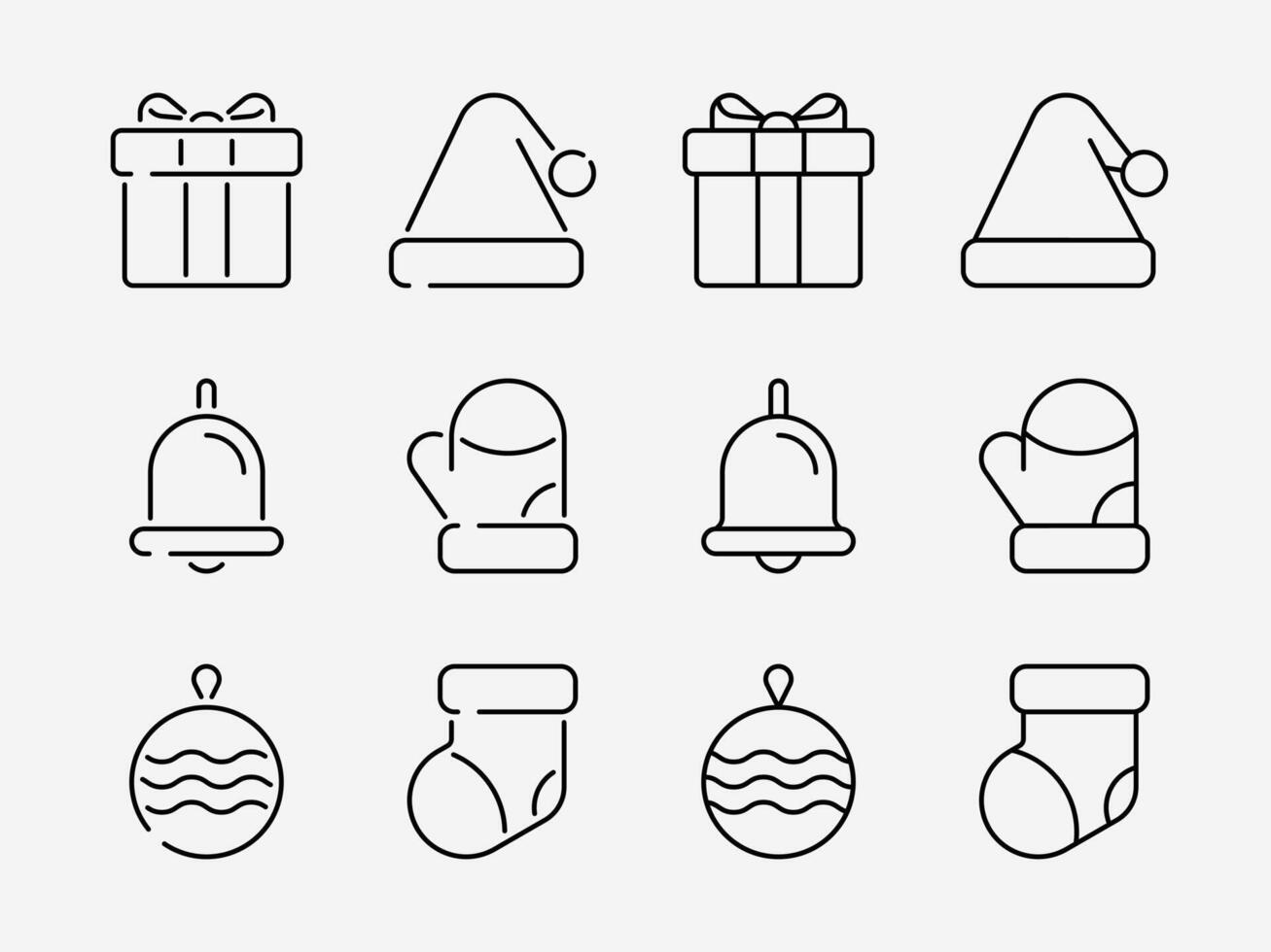 Christmas icon set. Basic flat design x'mas. Gift box, present, bell, ornament, hat, glove, sock sign symbol. vector