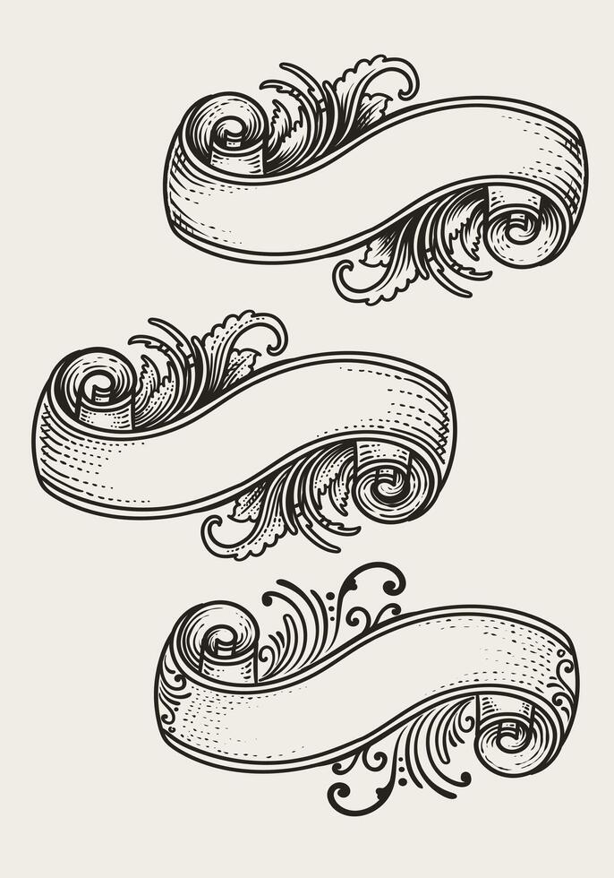 Vintage ribbons set classic engraving ornament style, design vector