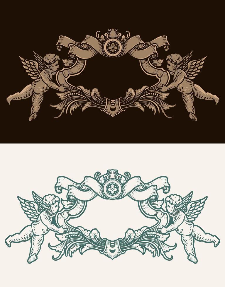 Vintage border frame engraving with antique ornament pattern - design vector