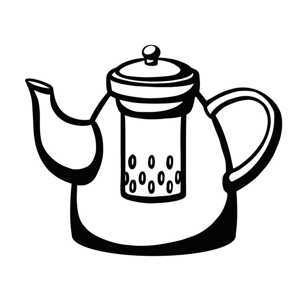 Glass teapot with strainer for brewing, isolated on white background. Sketchy style. illustration vector