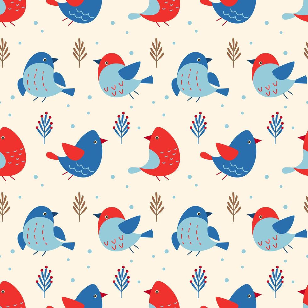 Seamless pattern with winter birds on light background. Christmas and new year. Festive illustration for gift design, wrapping paper, textiles, greeting card, background, cover, scrapbooking. vector