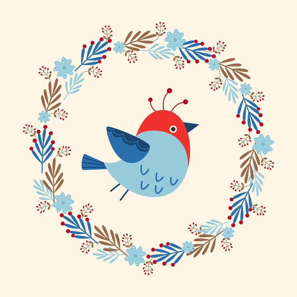 Cute winter bird flying in a frame of flowers, berries, twigs. Christmas and New Year. Illustration suitable for greeting card, poster, banner, flyer, cover, sticker. vector