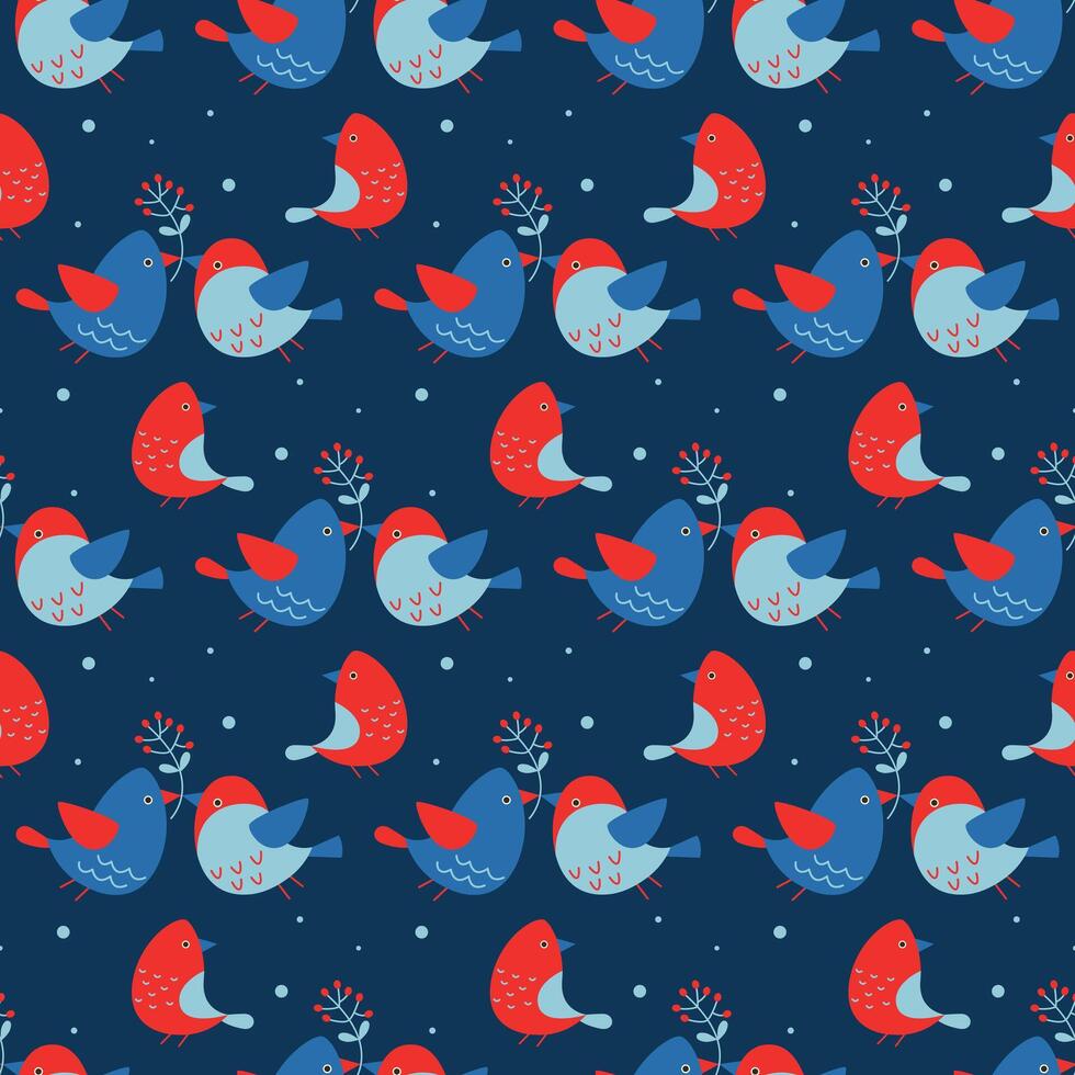 Seamless pattern with winter birds. Festive illustration for gift design, wrapping paper, textile, greeting card, background, cover, scrapbooking. Christmas and new year. vector