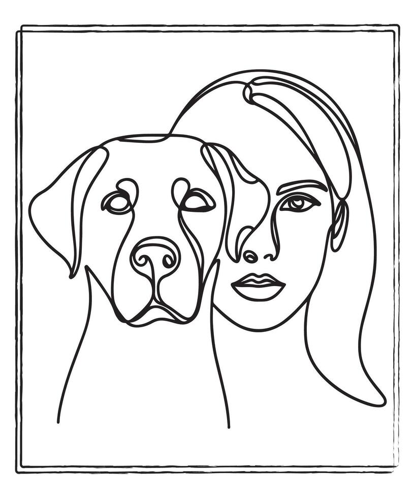 Continuous line Dog and Woman t-shirt vector