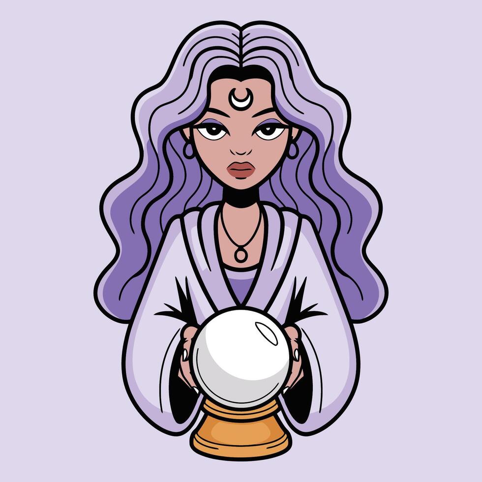 Mystical Fortune Teller Woman with Crystal Ball and Moon Symbol vector