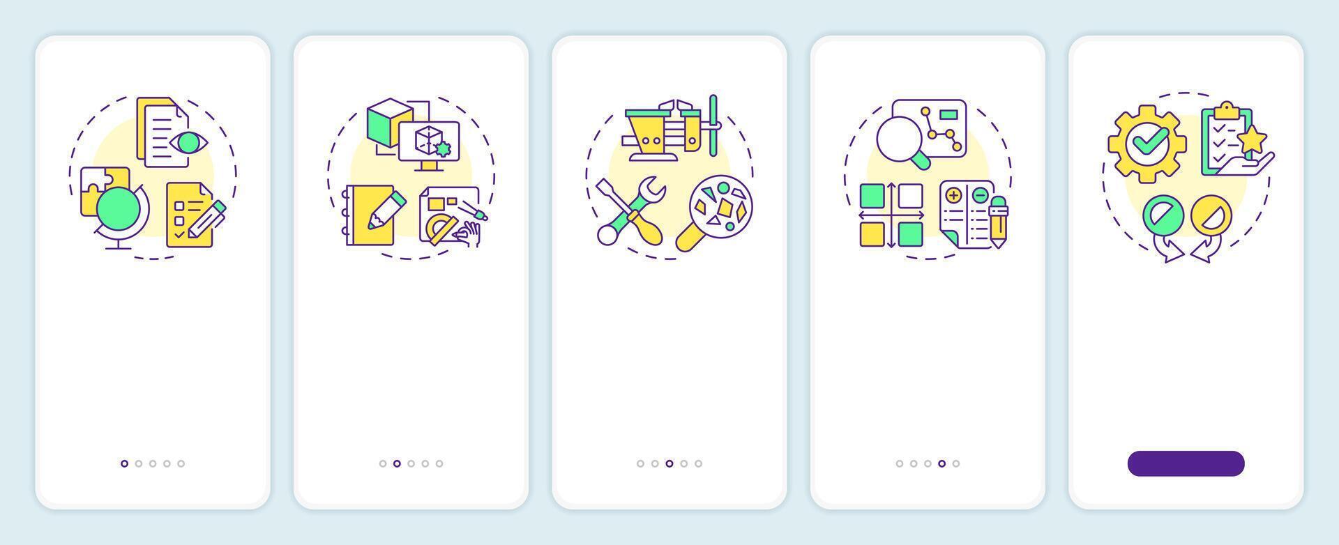 Reverse engineering process onboarding mobile app screen. Walkthrough 5 steps editable graphic instructions with linear concepts. UI, UX, GUI template vector