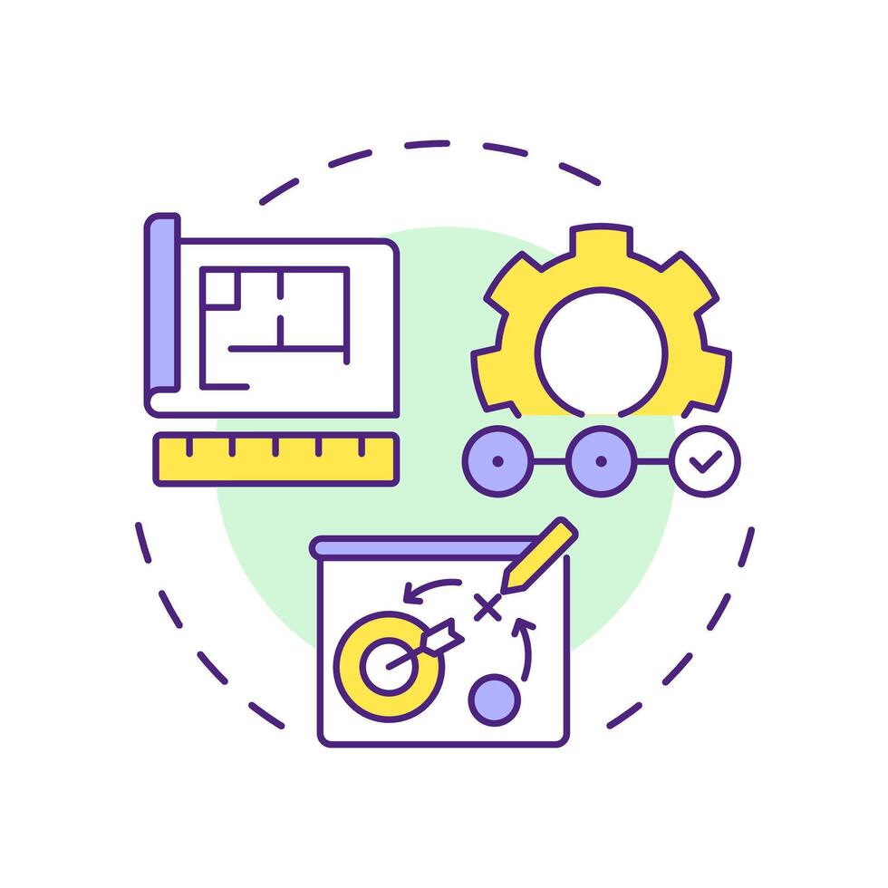 Forward engineering multi color concept icon. Systematic engineering process. Project workflow. Blueprint and gear. Round shape line illustration. Abstract idea. Graphic design. Easy to use in article vector