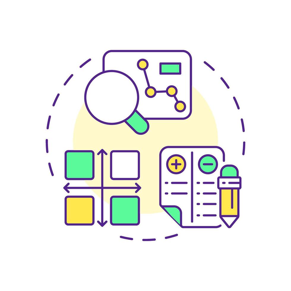 Evaluate product multi color concept icon. Reverse engineering process. Assessment and analysis. Round shape line illustration. Abstract idea. Graphic design. Easy to use in article vector