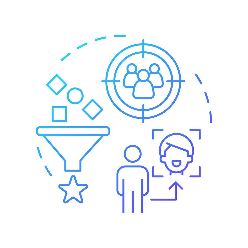 User-based filtering blue gradient concept icon. Target audience, personalized content. Data management. Round shape line illustration. Abstract idea. Graphic design. Easy to use article, blog post vector