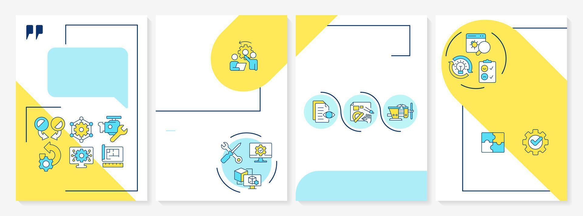 Reverse engineering blue and yellow brochure template. Leaflet design with linear icons. Editable 4 layouts for presentation, annual reports vector