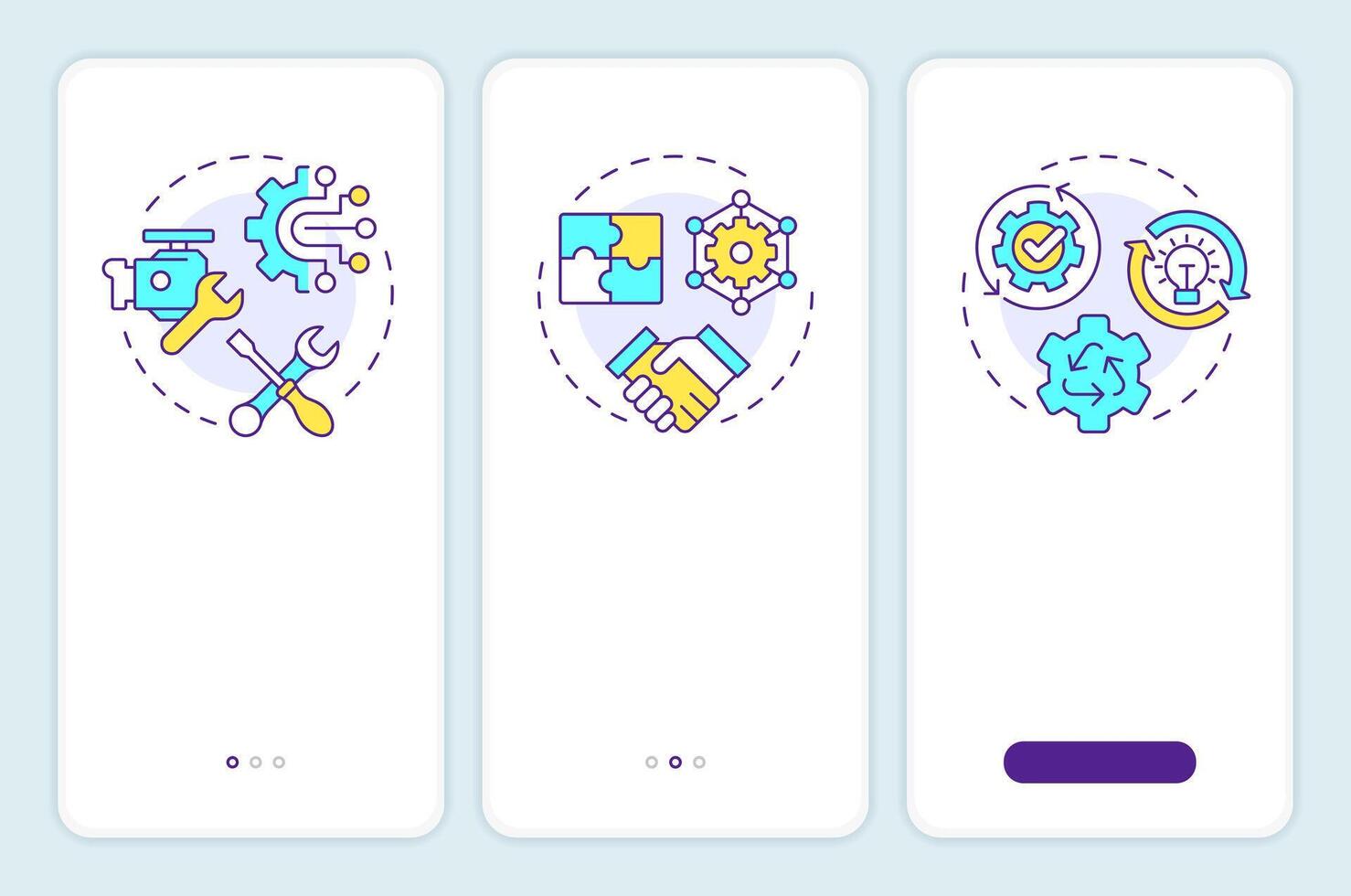 Reverse engineering uses onboarding mobile app screen. Walkthrough 3 steps editable graphic instructions with linear concepts. UI, UX, GUI template vector