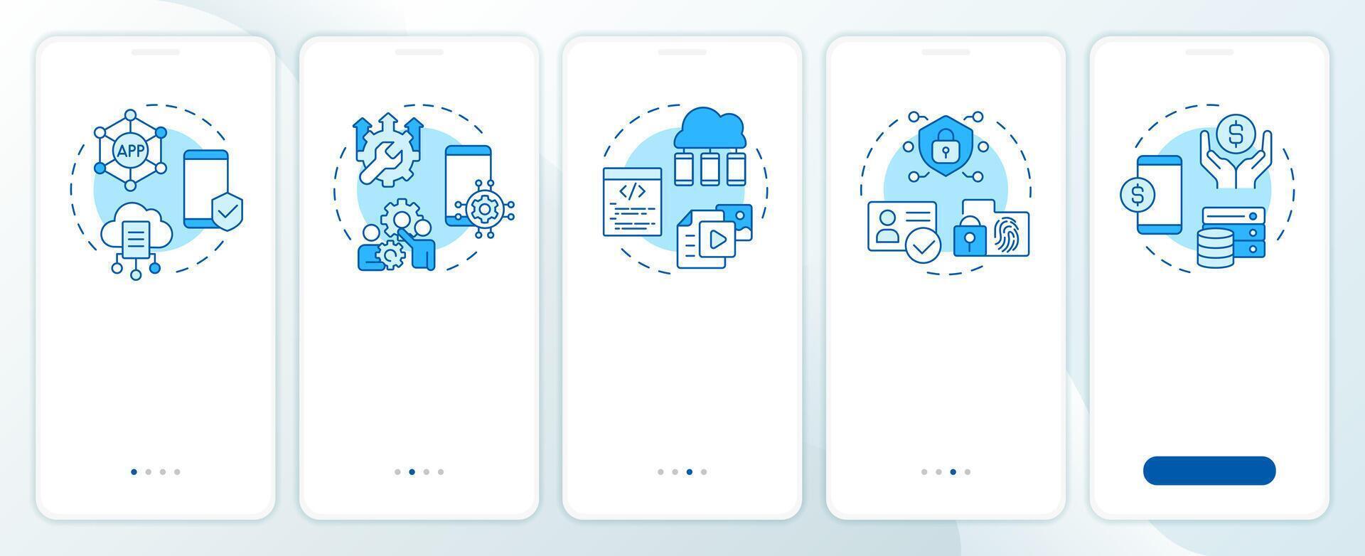 Mobile management platforms blue onboarding mobile app screen. Walkthrough 5 steps editable graphic instructions with linear concepts. UI, UX, GUI template vector