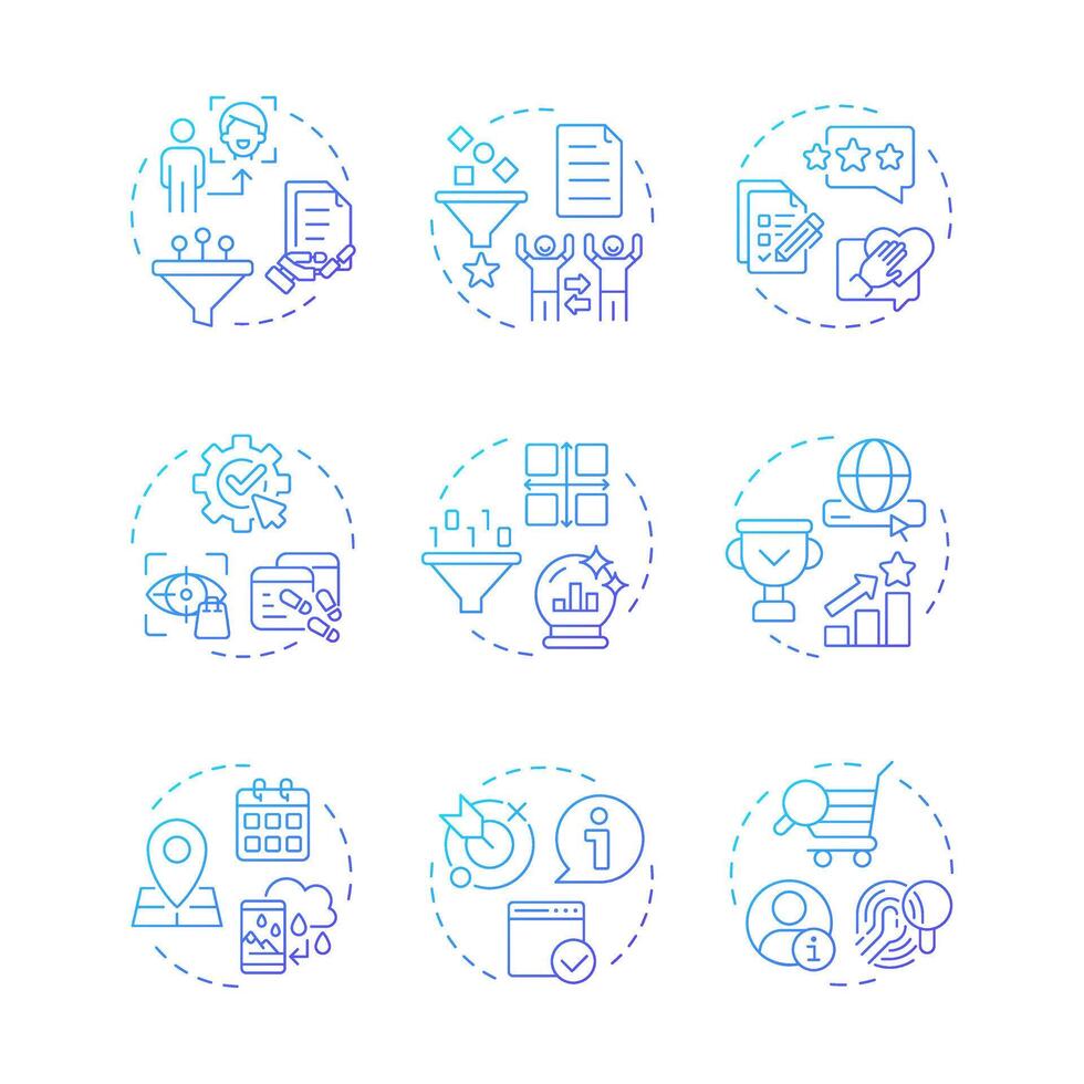 Recommender system blue gradient concept icons. Artificial intelligence, deep learning. Personalized content. Icon pack. Round shape illustrations for article, blog post. Abstract idea vector