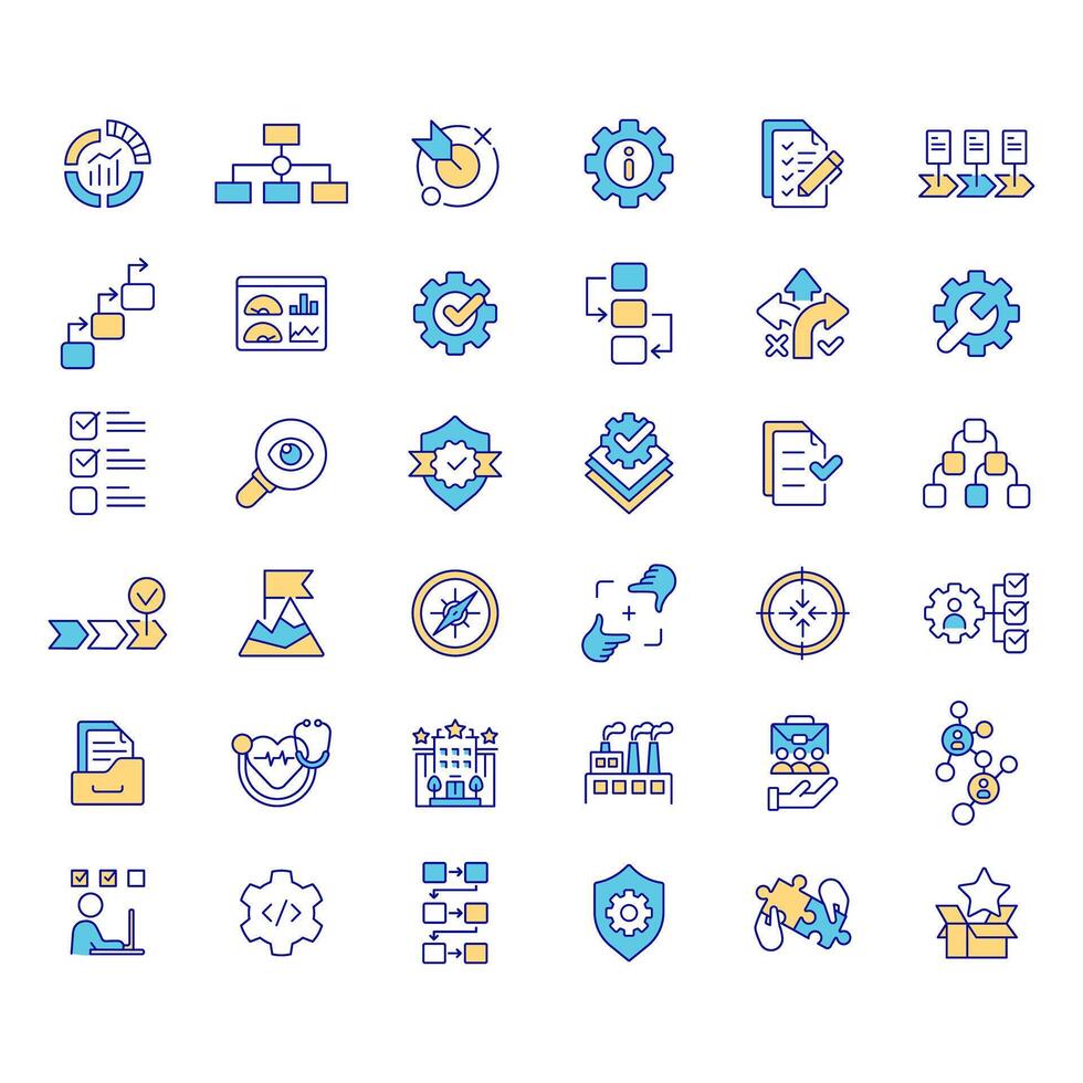 Standard operating procedures RGB color icons set. Documentation organization, efficiency monitoring. Isolated illustrations. Simple filled line drawings collection. Editable stroke vector