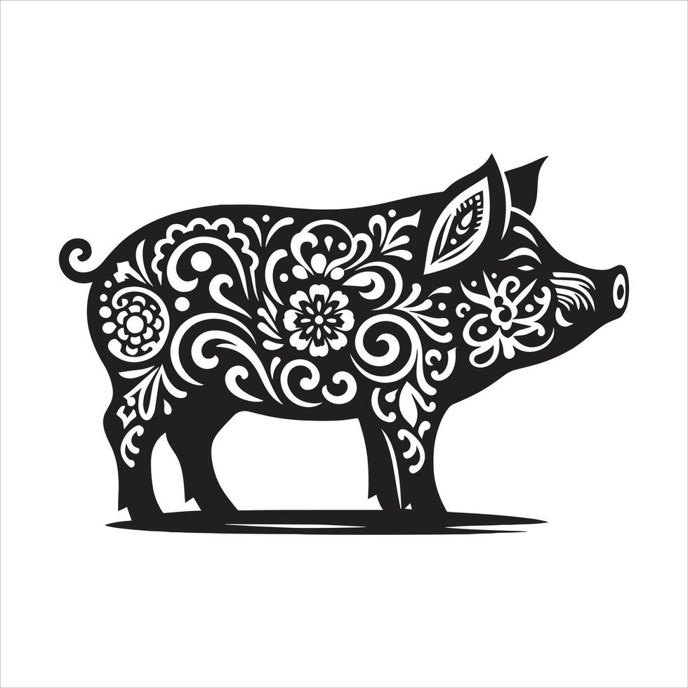 Black White Pig For Year Of The Pig Silhouette Style With White Background vector