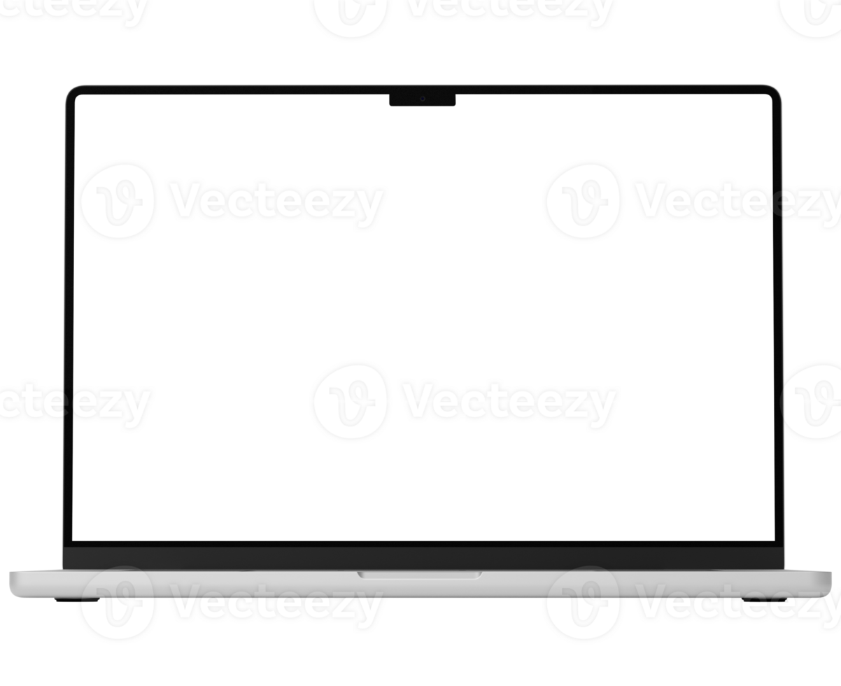 Mockup template for silver laptop. Front view, isolated and without background png
