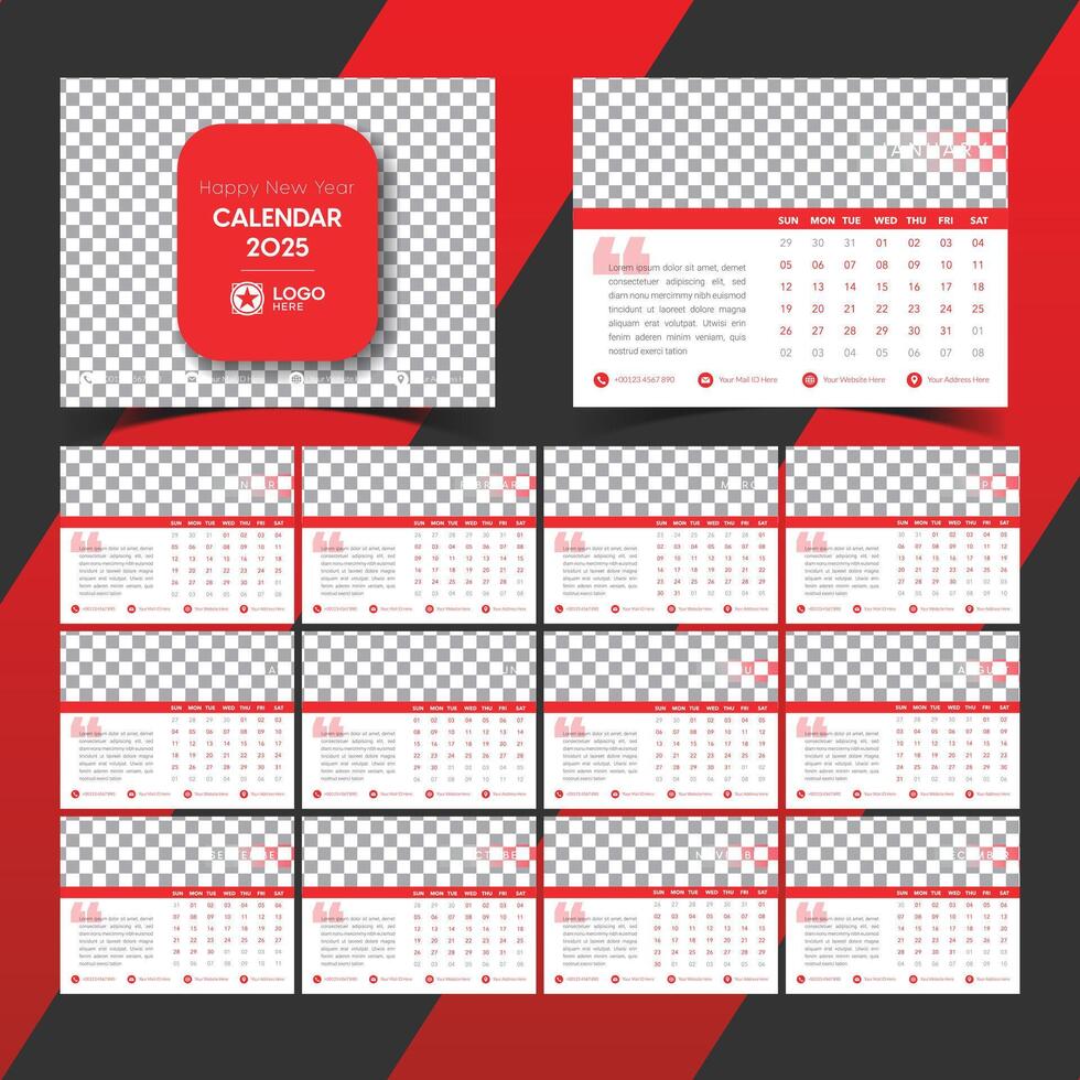 Simple red themed desk calendar template for new year 2025 vector