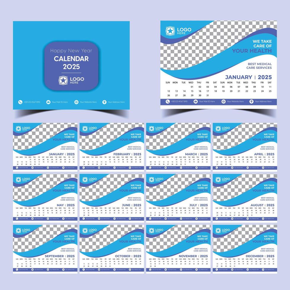 Creative 2025 desk calendar design template, 12 month corporate table calendar design for hospital business vector