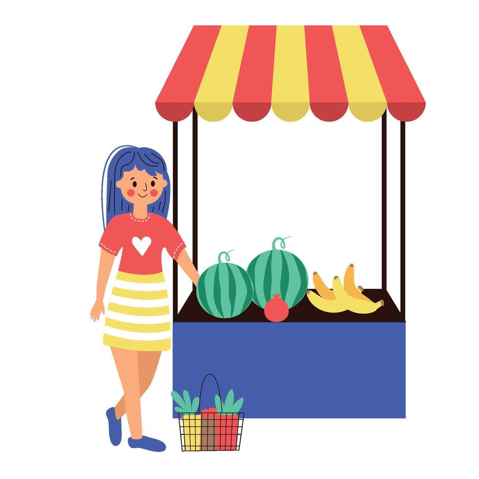 Woman on the market buys watermelons cartoon illustration vector