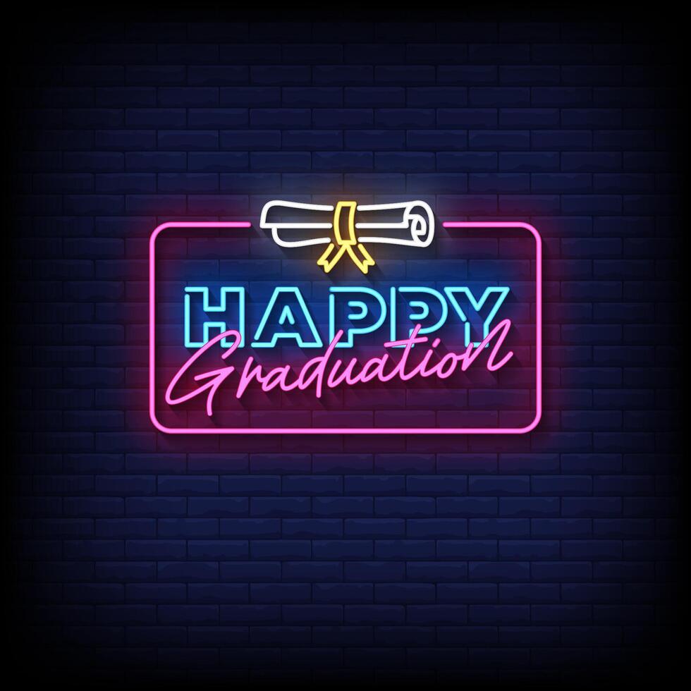 happy graduation neon sign with brick wall background vector