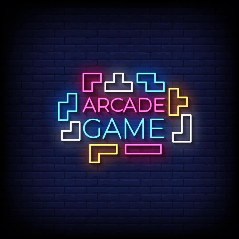 arcade game neon sign with brick wall background vector