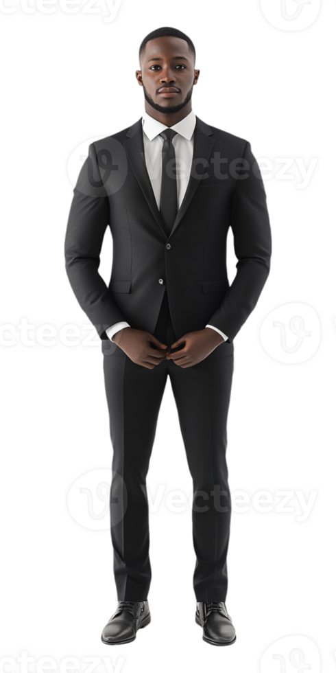 A black man in a suit and tie standing png