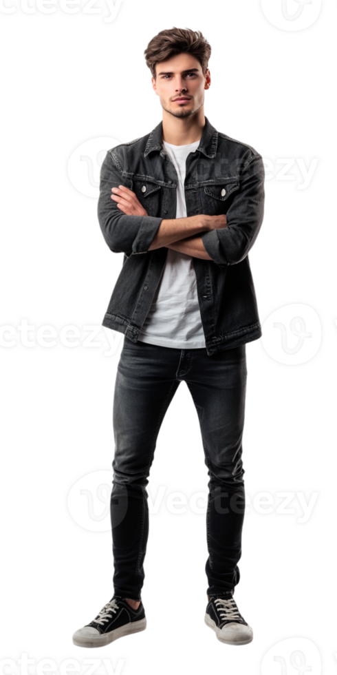 A man in a denim jacket standing with his arms crossed png