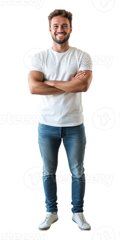 A man in a white t - shirt and jeans standing png