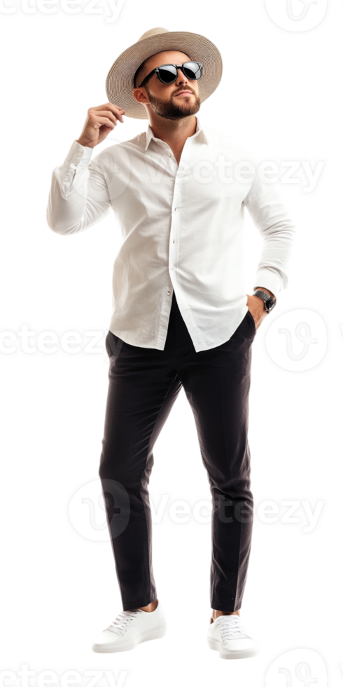 Man in white shirt and hat posing for the camera png