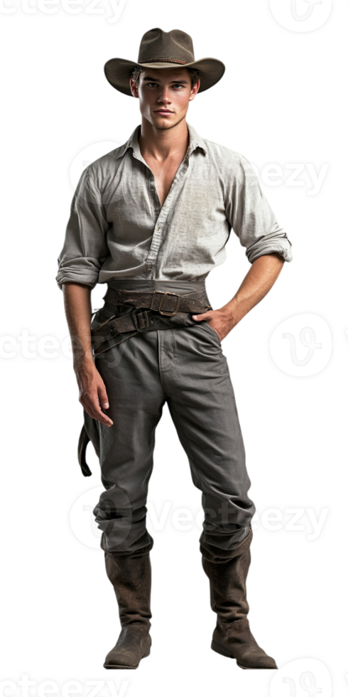 A man in cowboy clothes standing with his hands on his hips png