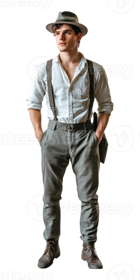 A man in a hat and suspenders standing png