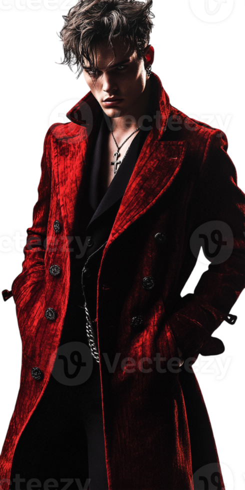 A man in a red coat and black shirt png
