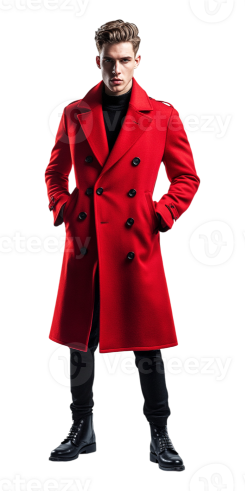 A man in a red coat and black pants png