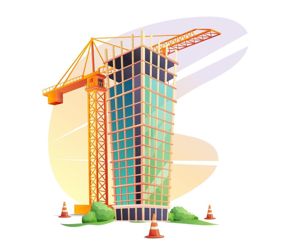 Concept of construction of multi-storey buildings. Illustration for construction company. Unfinished building near construction crane. illustrations in cartoon style on white background. vector