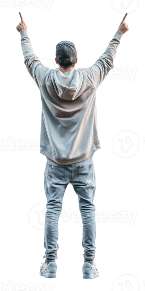 A man in a hoodie and jeans is pointing his hands up png