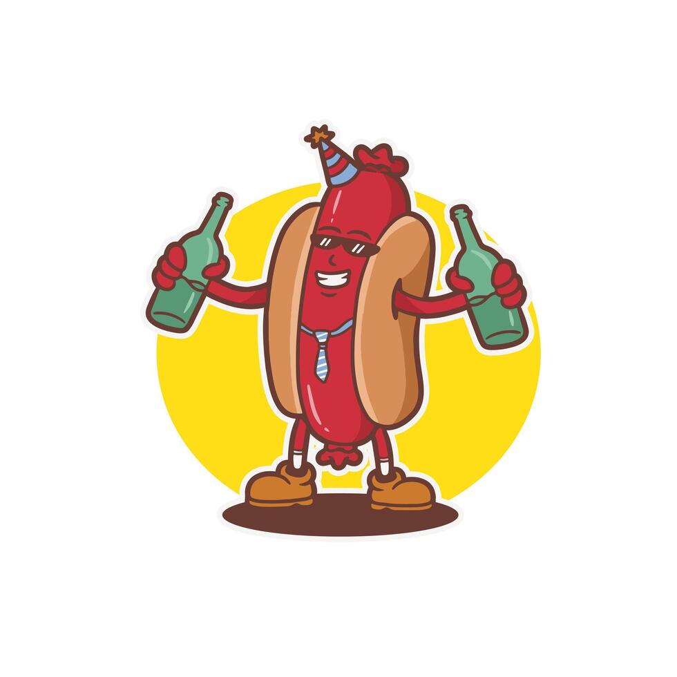 mascot character hotdog with two bottle, groovy style, mascot retro, mascot food vintage vector