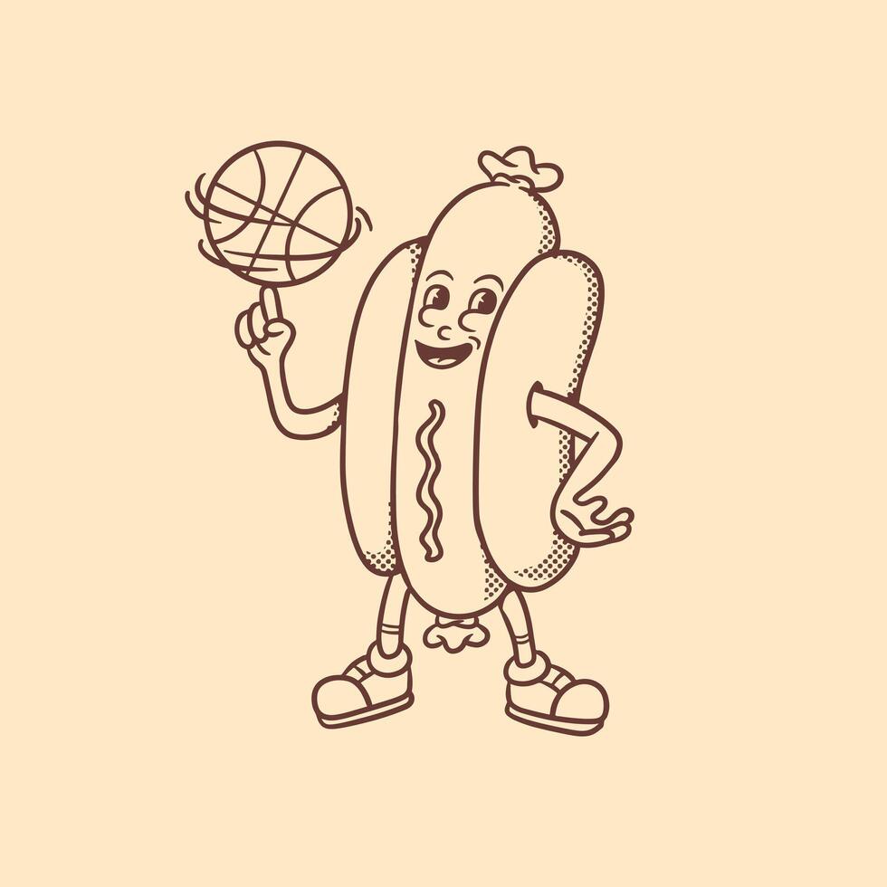 mascot food hotdog with basketball, good for coloring book, doodles, graphic design, etc vector