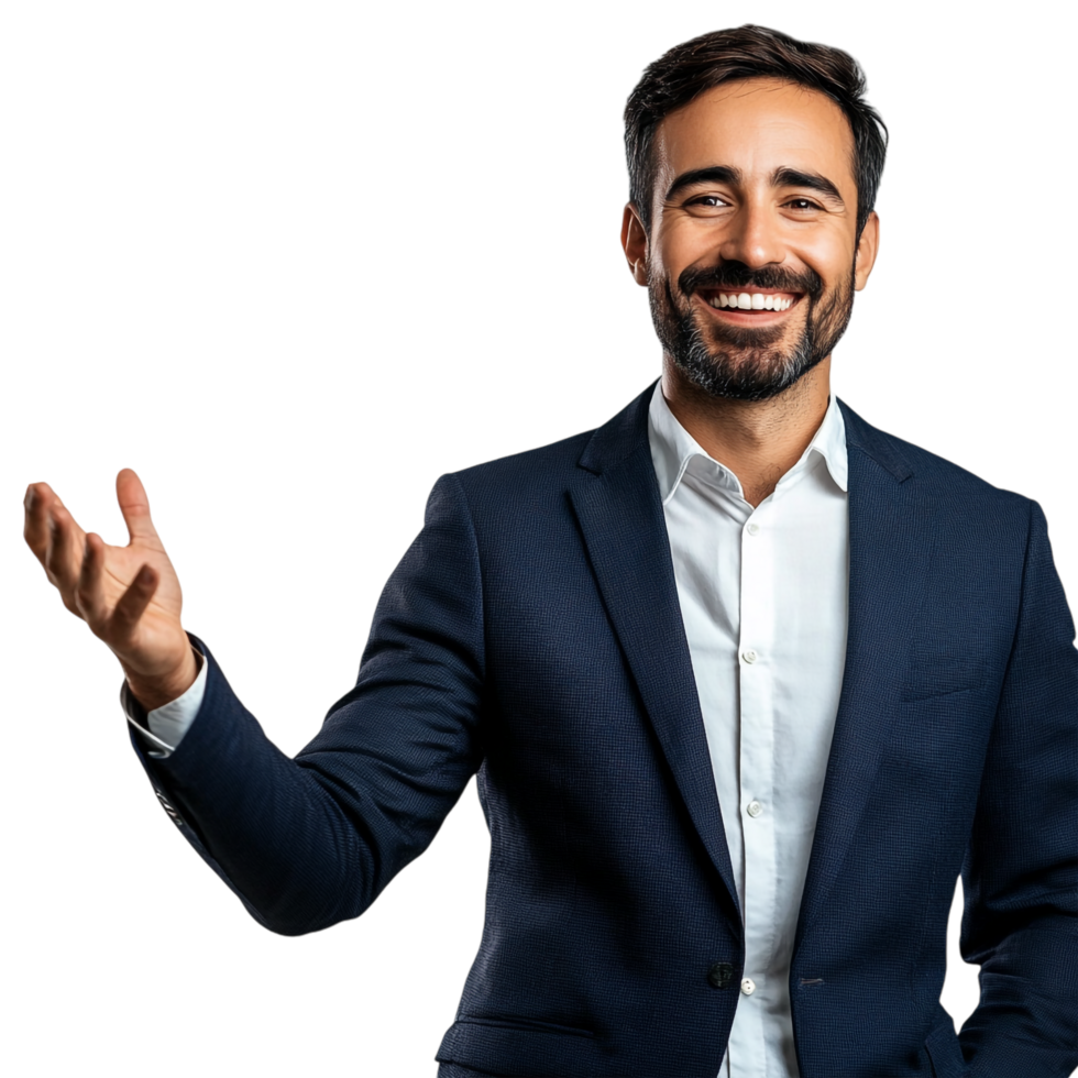 A man in a suit is gesturing with his hands png