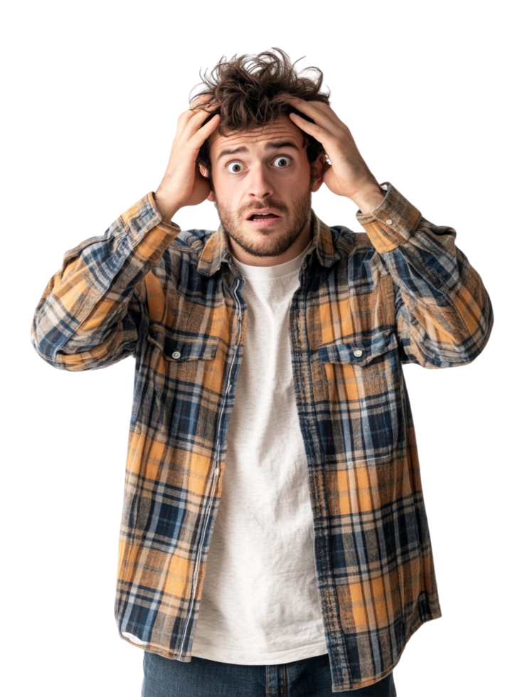A man is holding his head with his hands png