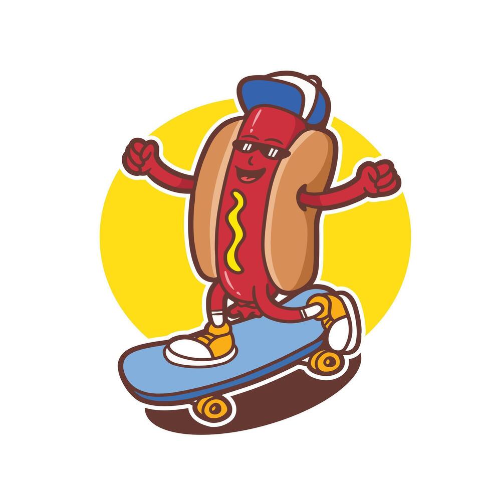 mascot hotdog with skateboard good for brand design, mascot character food, mascot logo, groovy style vector