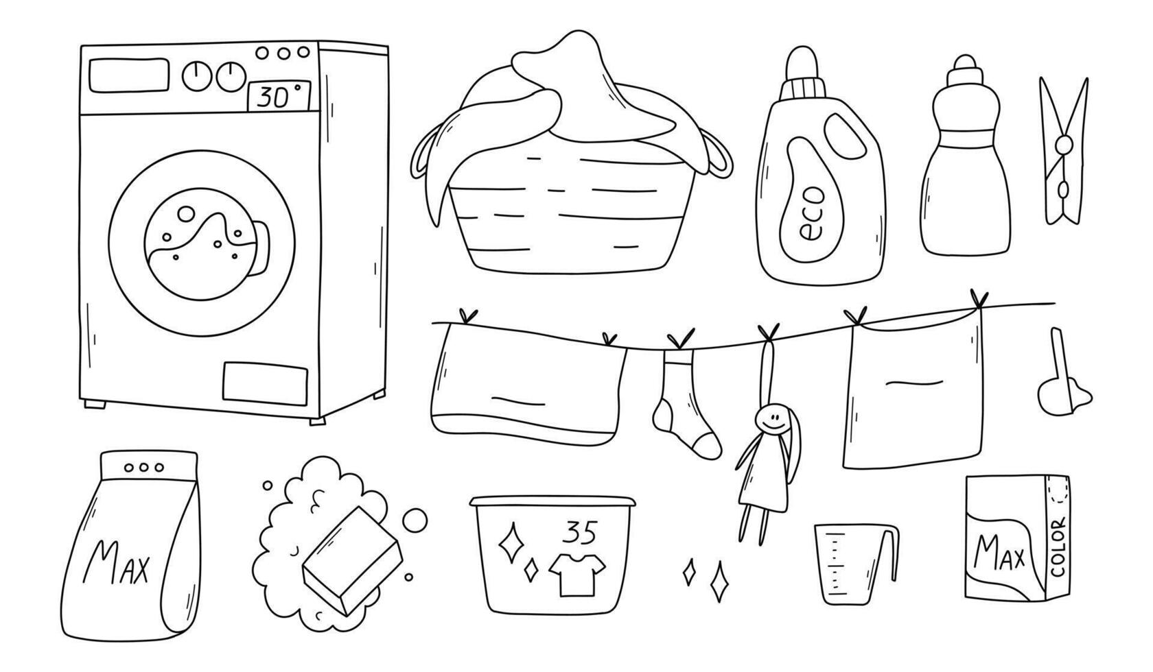 Set of laundry items in doodle style. Linear collection of laundry items. illustration. Isolated elements on a white background. vector
