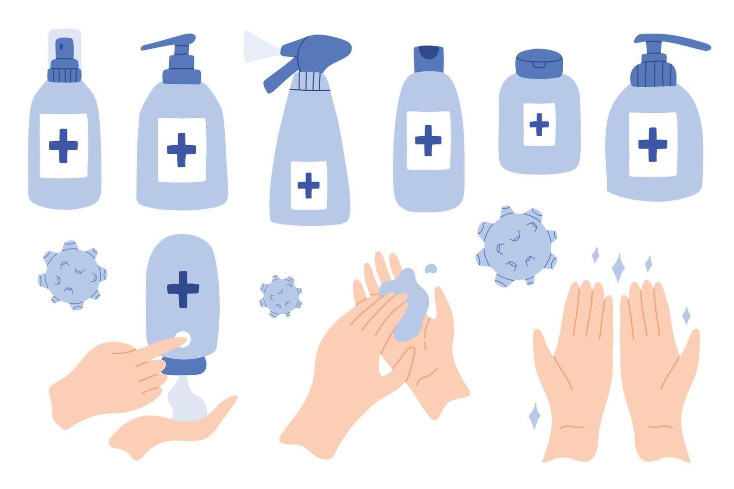 Clean your hands with alcohol gel. Killing virus. Hands used for touching will transmit the virus. Corona virus concept. washing hands with antibacterial hand sanitizer, sanitizer gel symbol vector