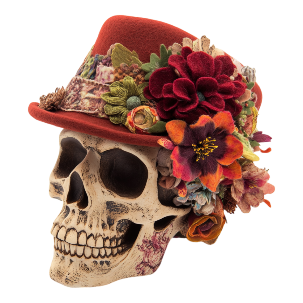 A skull with a hat and flowers on it png