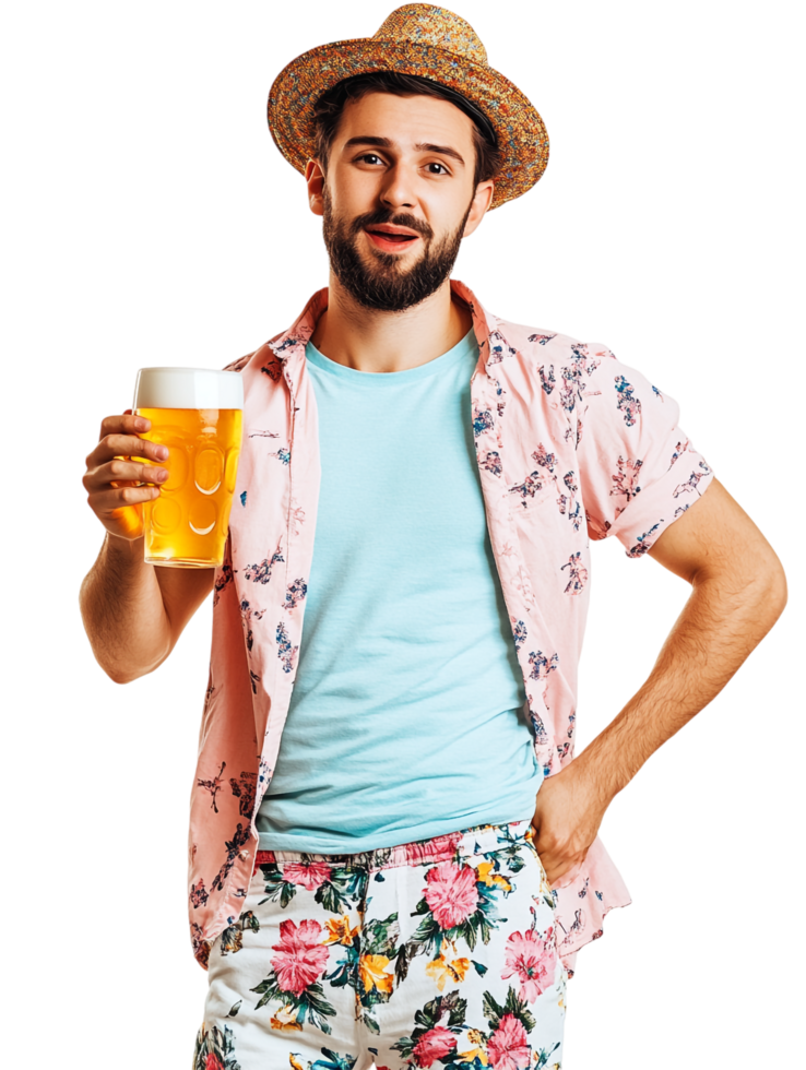 A man in a hat and floral shorts holding a beer png