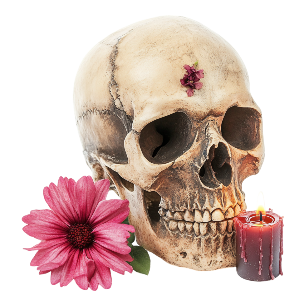 A skull with a candle and flower png