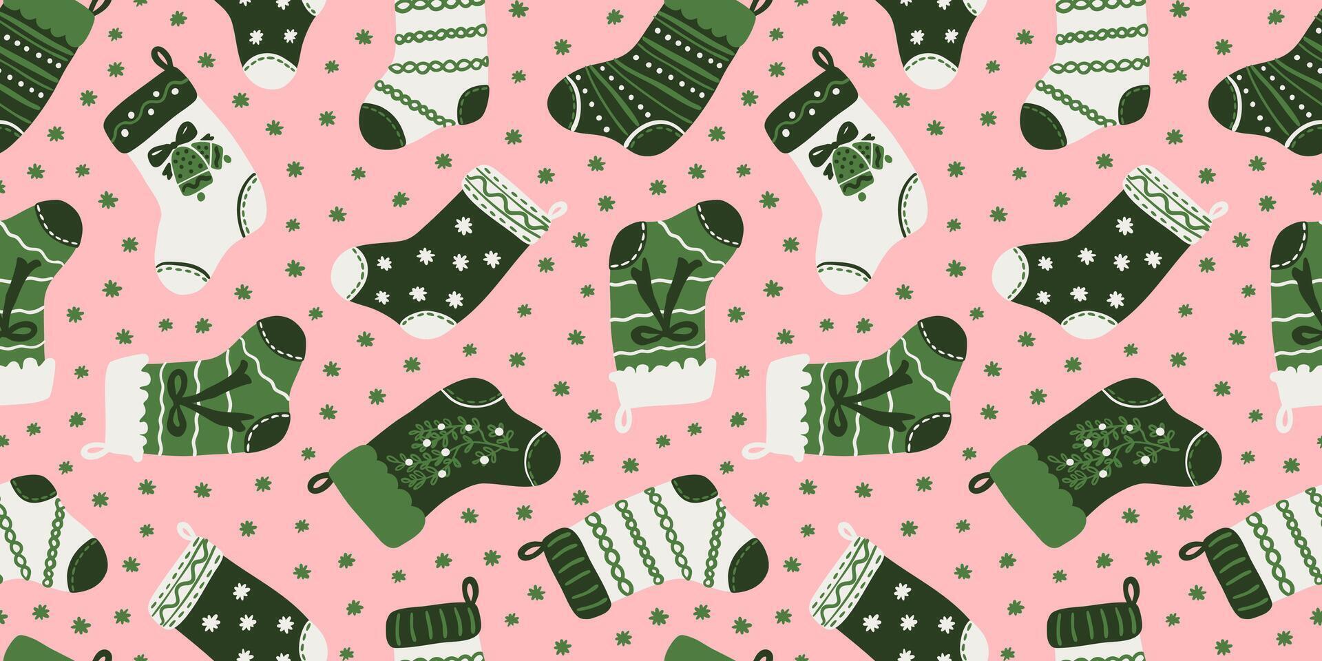 Cute Christmas stockings and snowflakes seamless repeat pattern. Christmas knitted hanging socks with leaves, berries, bells and bows. Holiday season background for wrapping paper, textile design. vector