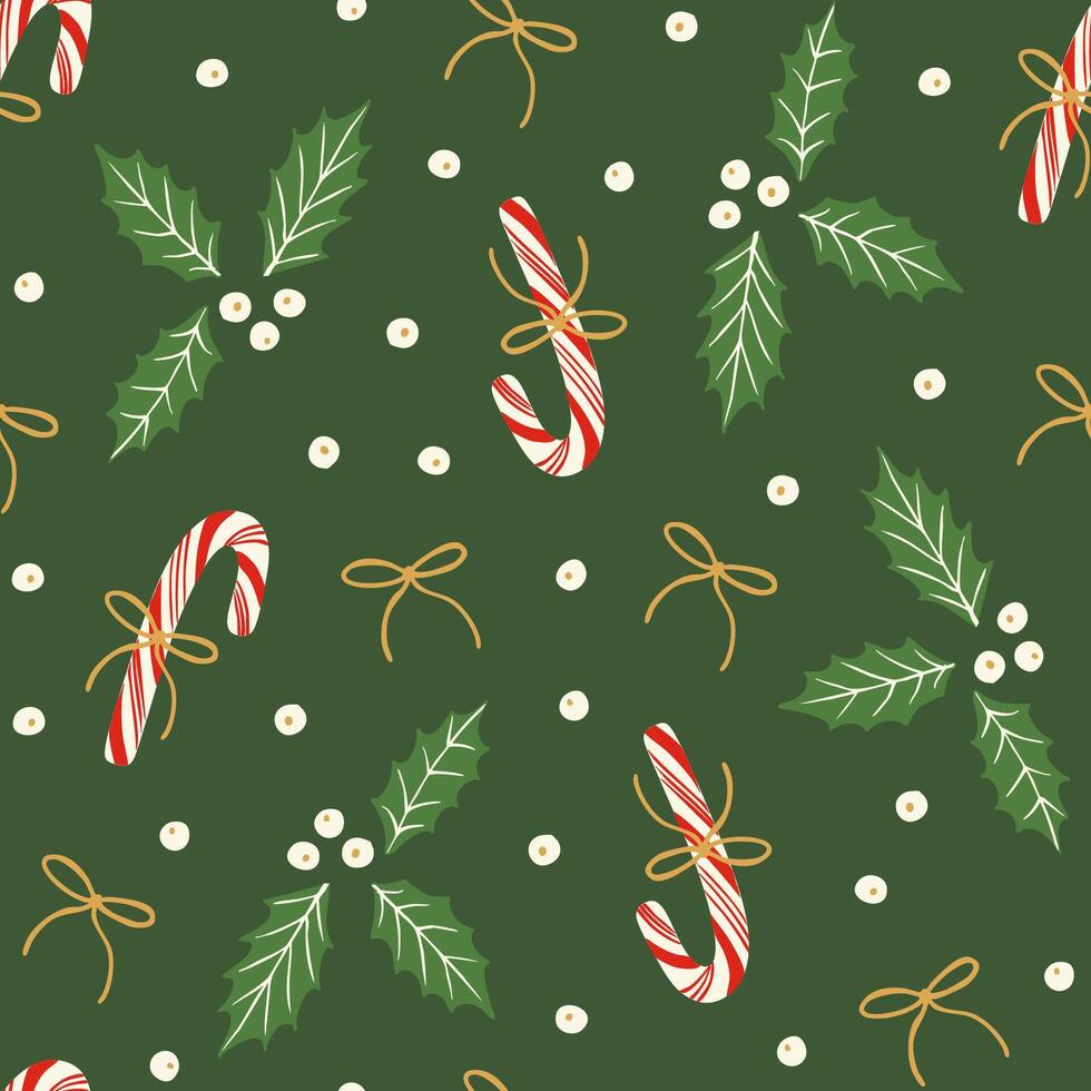 Cute candy canes with bows, berries and holly plant leaves seamless pattern. Holiday season festive background. Elegant design for wrapping paper, fabric. vector