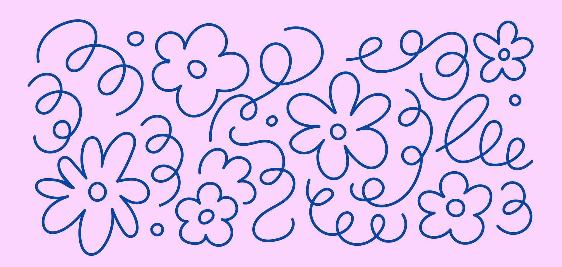 Set of doodle playful scribble and outline flower. Abstract children background with curve line. Trendy design with basic shapes. vector