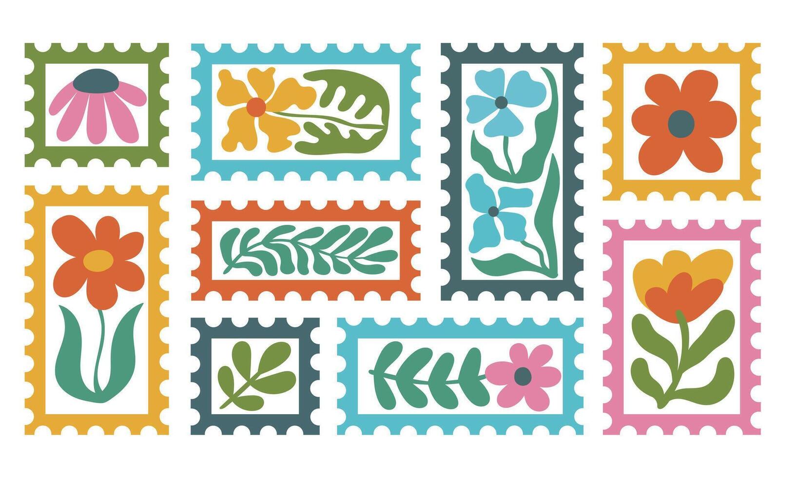 Set of post card stamp sticker set with groovy abstract bloom flower in trendy naive retro hippie 60s 70s style. Floral Nature-inspired Mail Mark vector